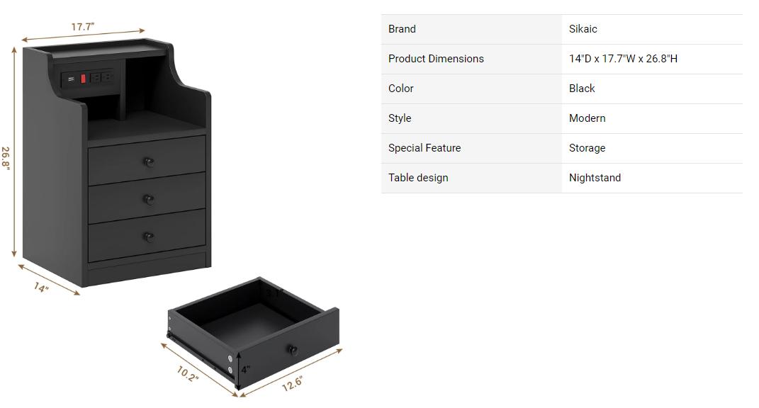 Sikaic Nightstand With Charging Station Hutch & Storage Drawers Bedside Table Cabinet Modern Bedside Table