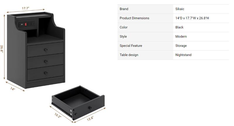 Sikaic Nightstand With Charging Station Hutch & Storage Drawers Bedside Table Cabinet Modern Bedside Table