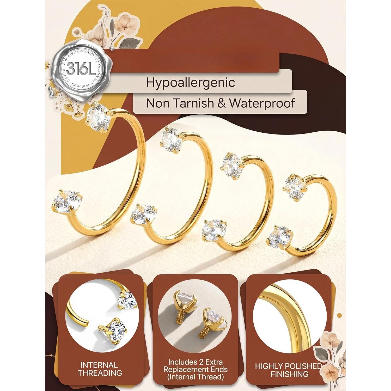 8Pcs Hypoallergenic Steel Horseshoe Septum for Men Women, 7/8/10/12mm 18G Gold Silver Hoops, Body Piercing Jewelry, multi-use cartilage tragus daith lip piercing jewelry, great for daily wear, parties, festivals & holiday birthday gifts