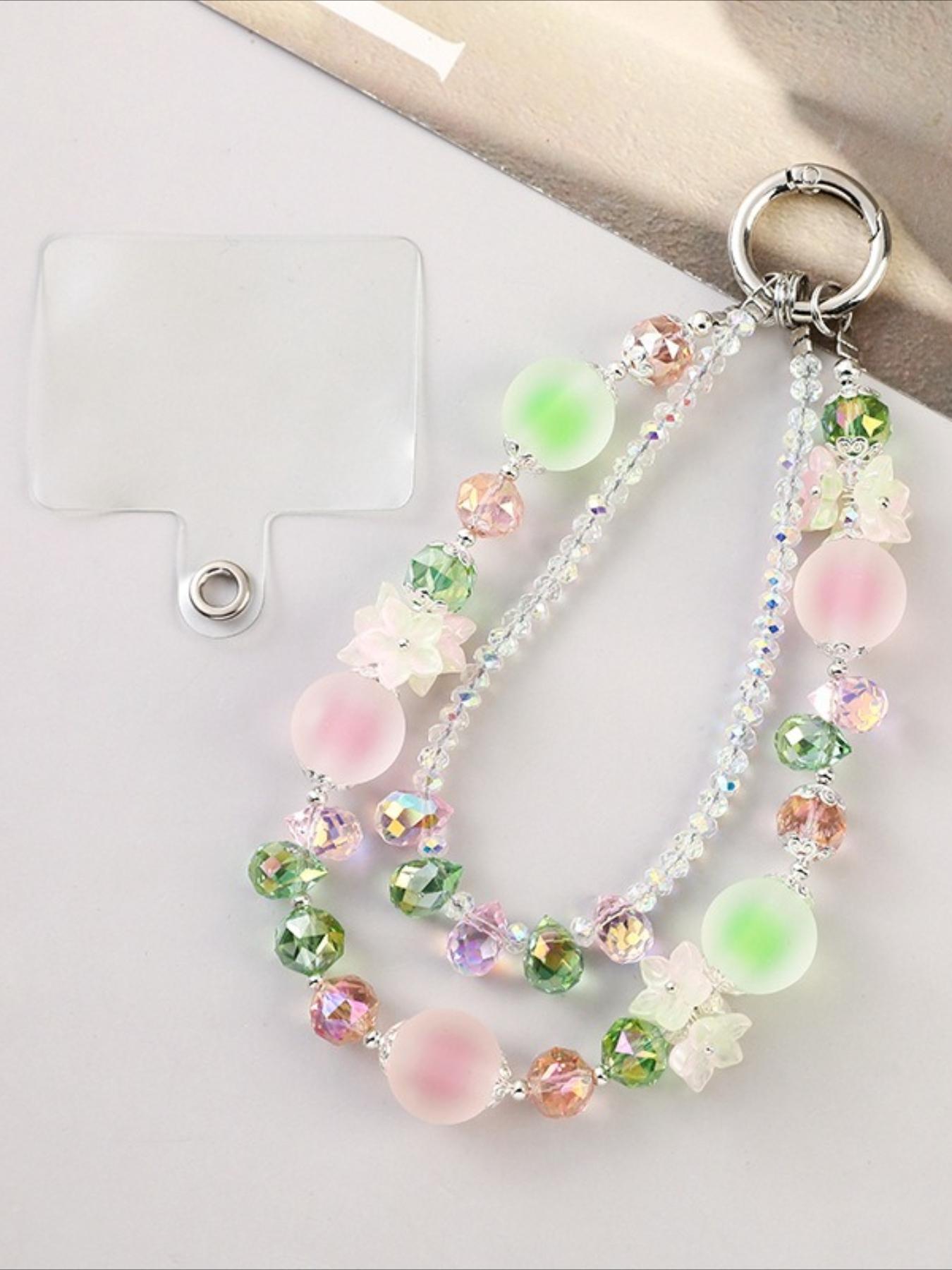 1 Ethereal Pink and Green Phone Strap: A Light and Elegant Spring-Inspired Flower-Shaped Crystal Bead Wrist Strap and Bag Charm