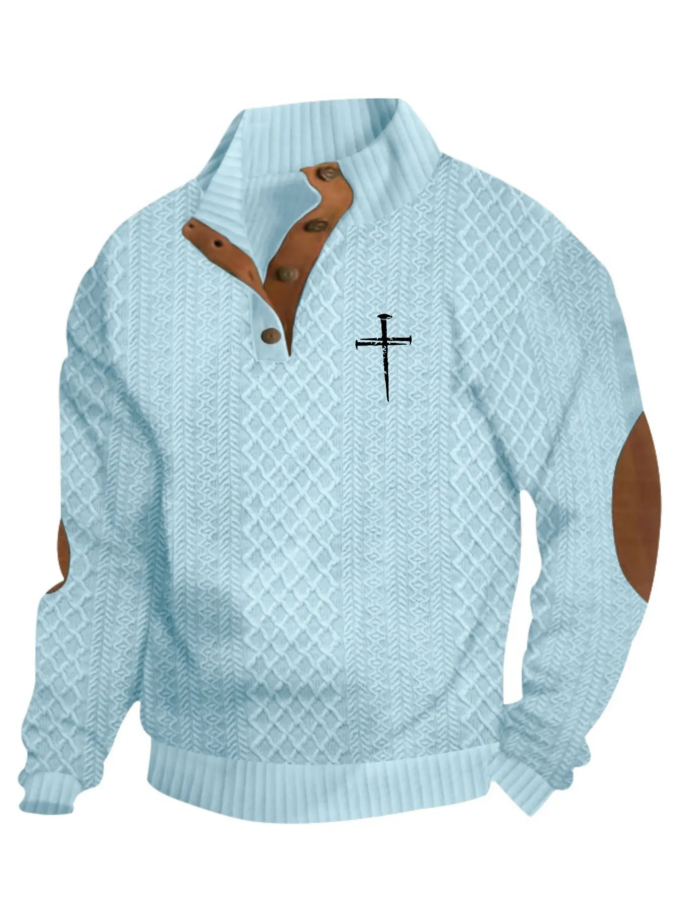 Men's textured herringbone Henry stand-up collar knit sweater - elbow patch leather vintage retro casual sweater - soft and warm, loose fit - suitable for both commuting and daily wear, versatile and easy to pair