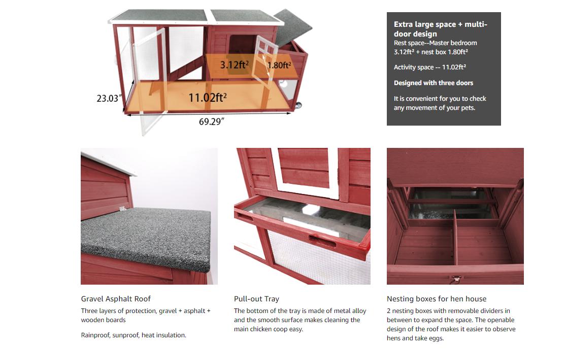 75" Chicken Coop Backyard with Wheels Nesting Box Waterproof Removable Tray and Ramp Large Hen House for 1-4 Chickens