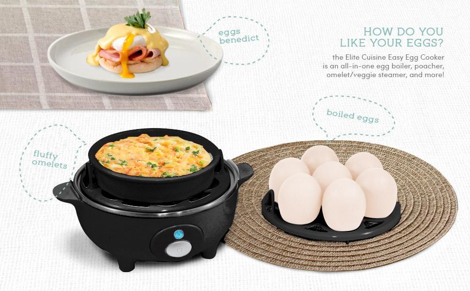 Rapid Egg Cooker, 7 Easy-To-Peel, Hard, Medium, Soft Boiled Eggs, Poacher, Omelet Maker, Auto Shut-Off, Alarm, 16-Recipe Booklet, Black