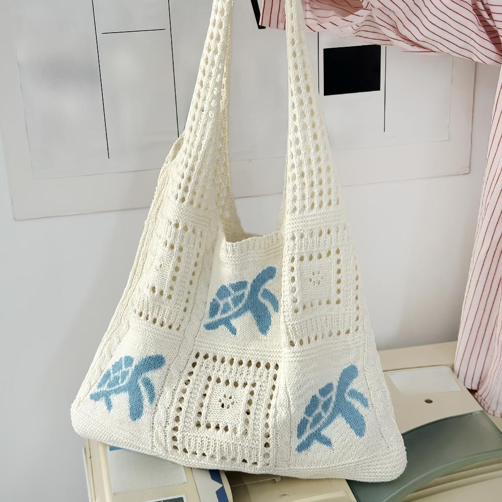 Cute Crochet Blue Bag for Women, Large Capacity Open Knit Shoulder Handbag, Lightweight Stylish Summer Beach Tote, Versatile Casual Daily Shopping & Market Storage Handbag