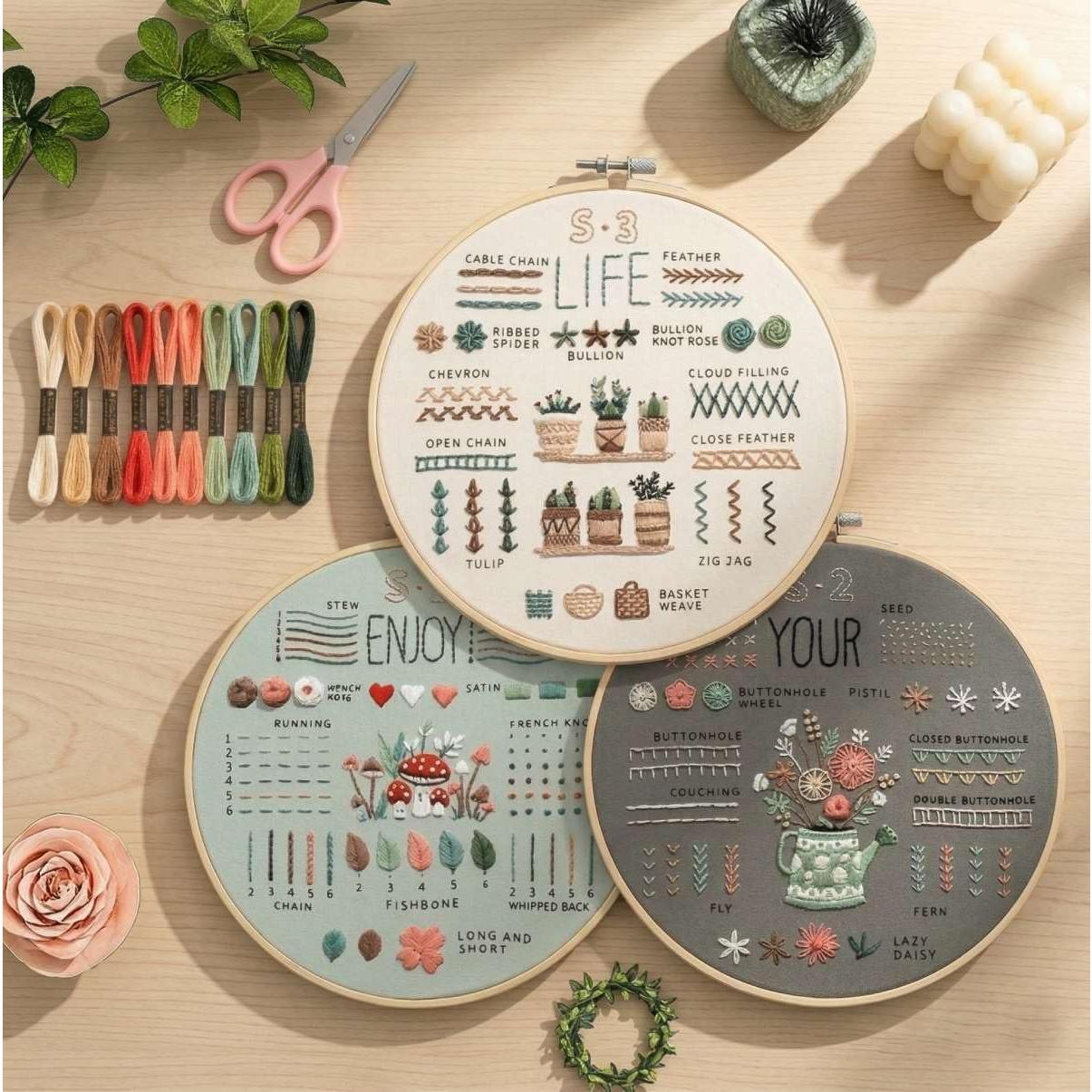 3 Sets Embroidery Kit for Beginners Adults - Learn 34 Basic Stitches, Hand Embroidery & Needlepoint  Stitch Kit with Patterns, Hoop, Threads & Tools, DIY Craft Kit with Video Instructions