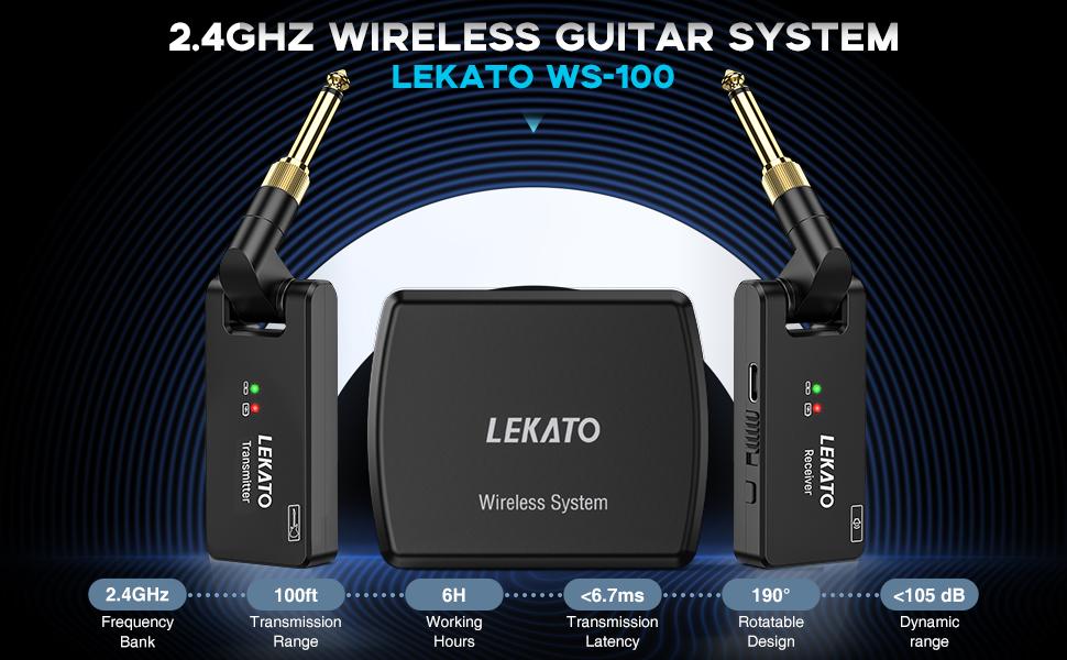【Limited-Time Discounts】LEKATO WS-100 2.4Ghz Wireless Guitar System, with Charging Box, Rechargeable Wireless Guitar Transmitter Receiver, Wireless Audio for Electric Guitar Bass, Essential for Professional Guitarists,for Music Lovers