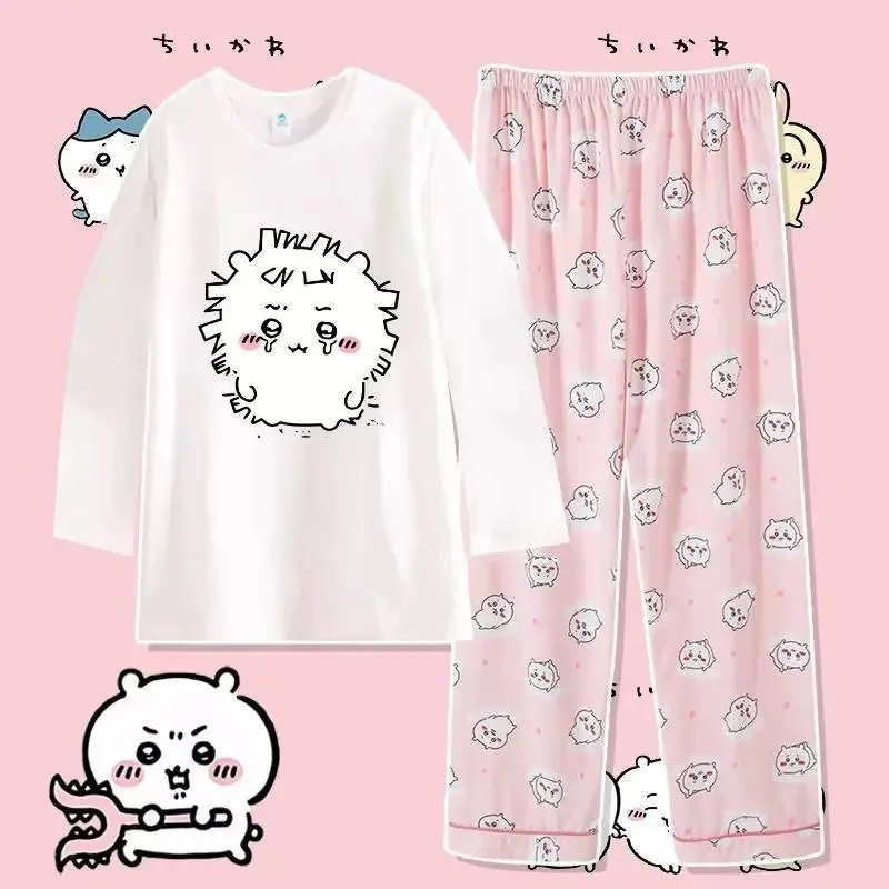 Anime Usag Hachiware Summer Thin Pajamas Round Neck Loose Long-Sleeved Shirt and Pants Cute Cartoon Pattern Household Clothes