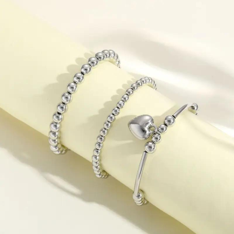 Fashion heart-shaped bead string 3-piece bracelet, versatile accessory for daily wear