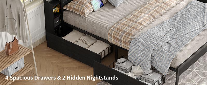 FUSOU LED Twin & Full Size Bed Frame with Charging Station, Metal Platform Bed Frame with Headboard, No Box Spring Needed, Heavy Duty