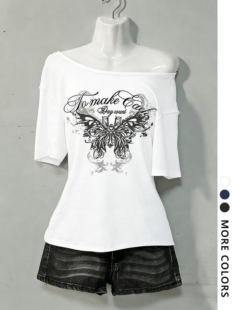 Women's Asymmetrical Neck Digital Print Summer Casual T-Shirt, Vintage Campus Style, Fashion Trend Letter Design