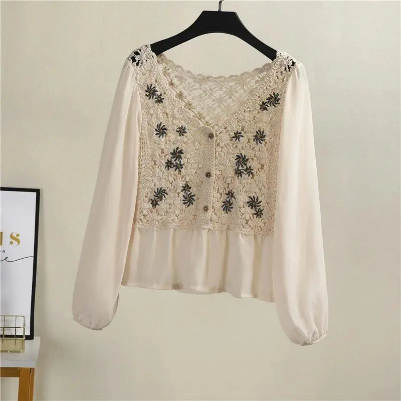 Crochet Knit Blouse with Chiffon Sleeve Peplum Button Front Shirts for Women Spring Summer Vacation Beach Wear