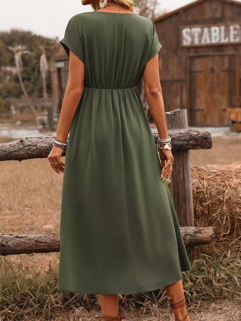 Women's French Elegance Casual Boho Style Deep V-Neck Dress, Waist-Tapered A-Line Skirt, Versatile Daily Commute Wear