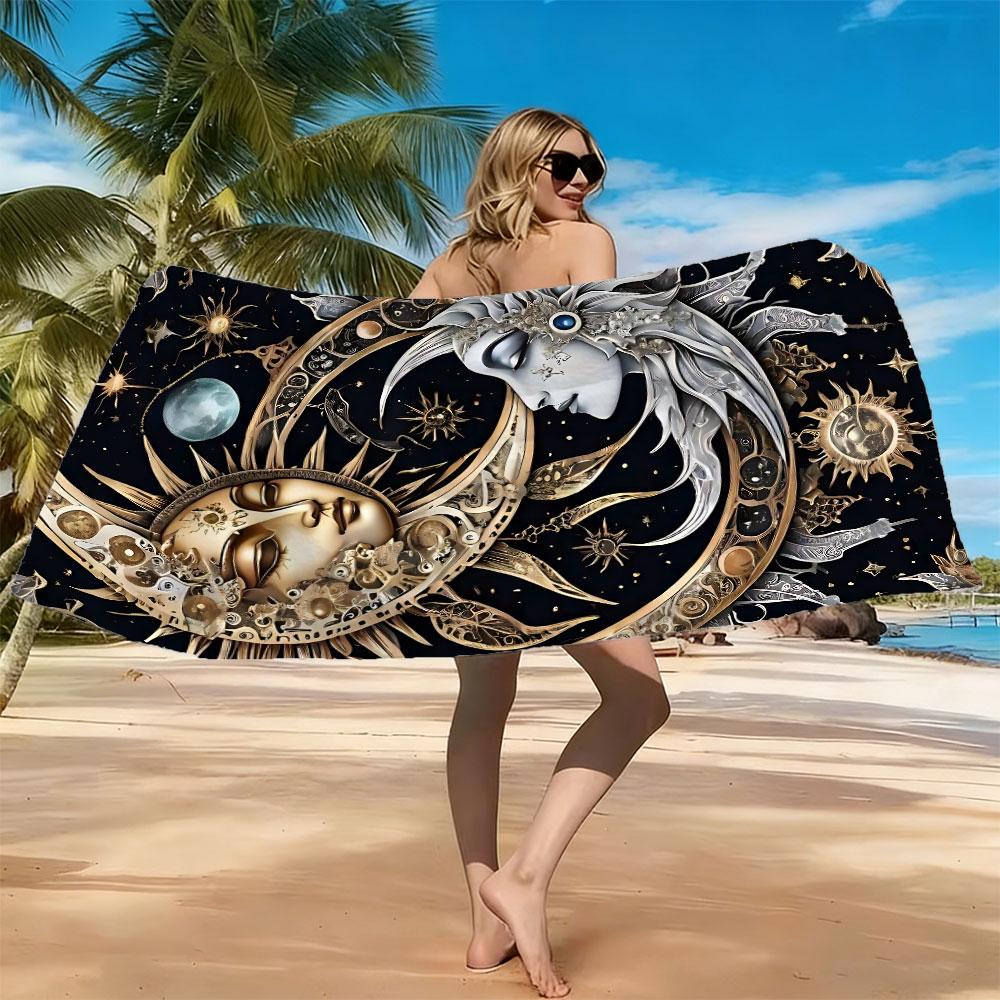 [Beach Towel] Sun and Moon Psychedelic Art Beach Towel - Premium Microfiber Digital Print Design, Ultra-Soft and Quick-Dry Aesthetic Bohemian Tapestry Style Bath Towel for Summer Vacation, Poolside, Travel – Durable Vivid Colors Fade-Resistant 1pc