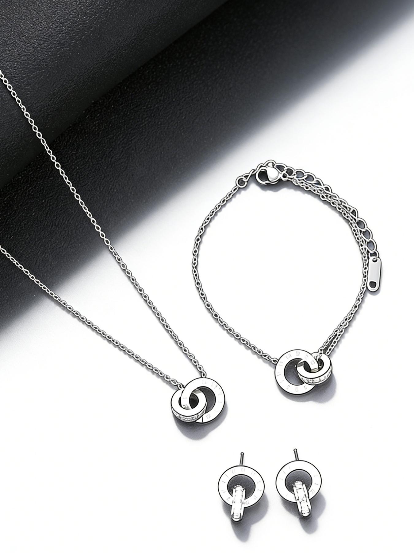 3-piece wedding season Valentine's Day gift set made of 304 stainless steel Roman numerals with interlocking jewelry, perfect for gifting to girlfriends, moms, daily dates, vacations, and parties