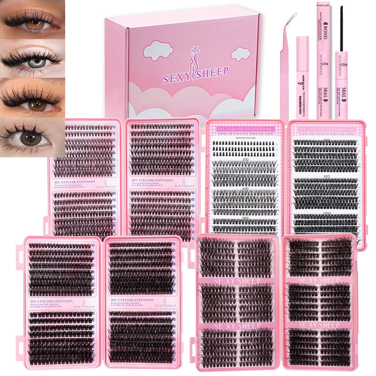Gift Box Mixed Eyelash Extensions, Fluffy Dense Natural 5-18mm, DIY Lashes with Bond&Seal&Remove&Eyelash Tweezers Large Capacity Set