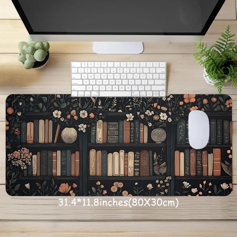 Floral Bookshelf Pattern Mouse Pad, Rectangle Gaming Mouse Pad, Non-slip Rubber Pad, Desktop Decoration Protective Pad for Home Office, Office Desk Accessories