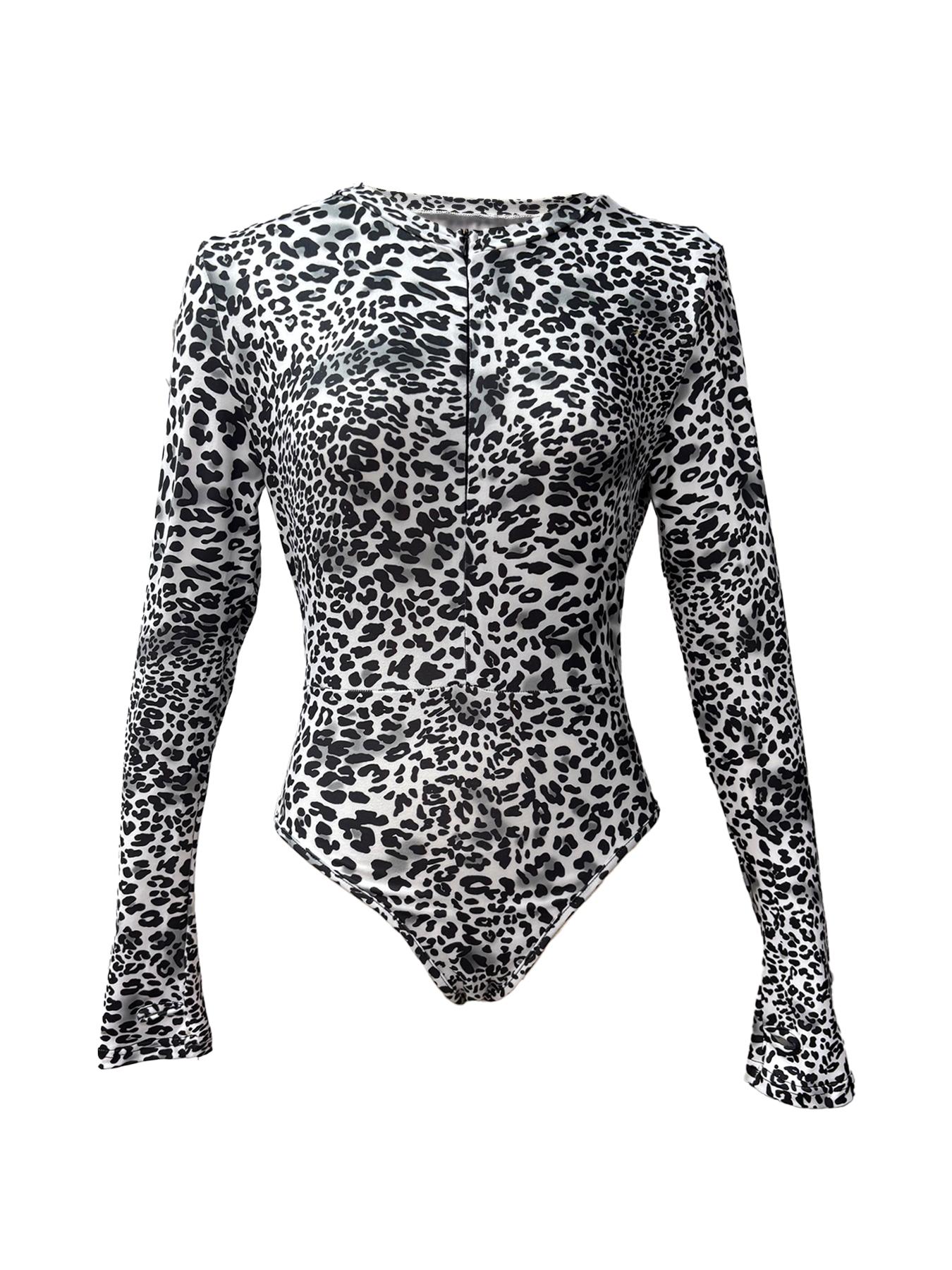 Women's Leopard Print Zipper Thumb Hole Design One-piece Bodysuit, Fashion Casual Long Sleeve Bodysuit for Daily Outdoor Wear, Women Clothes for Spring & Fall, Womenswear