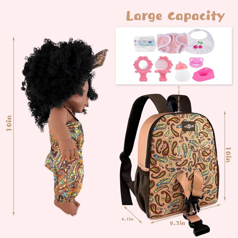 Nice2you Black Baby Doll with Backpack Carrier, 10in American African Doll for Girls Toddlers Aged 2+, Backpack for Baby Doll Accessories Storage, Perfect for 1 2 3 4 5 6 Years Old Kids