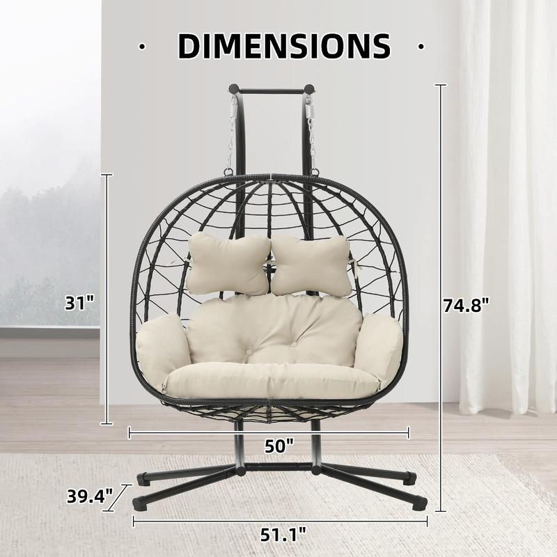【Valentine's Day gift】Double Hanging Egg Chair with Cushion, 700lbs Capacity - Foldable Patio Chair with Handwoven PE Wicker & Rust-Proof Frame, for Garden, Porch, Backyard Soft Lounge Swing
