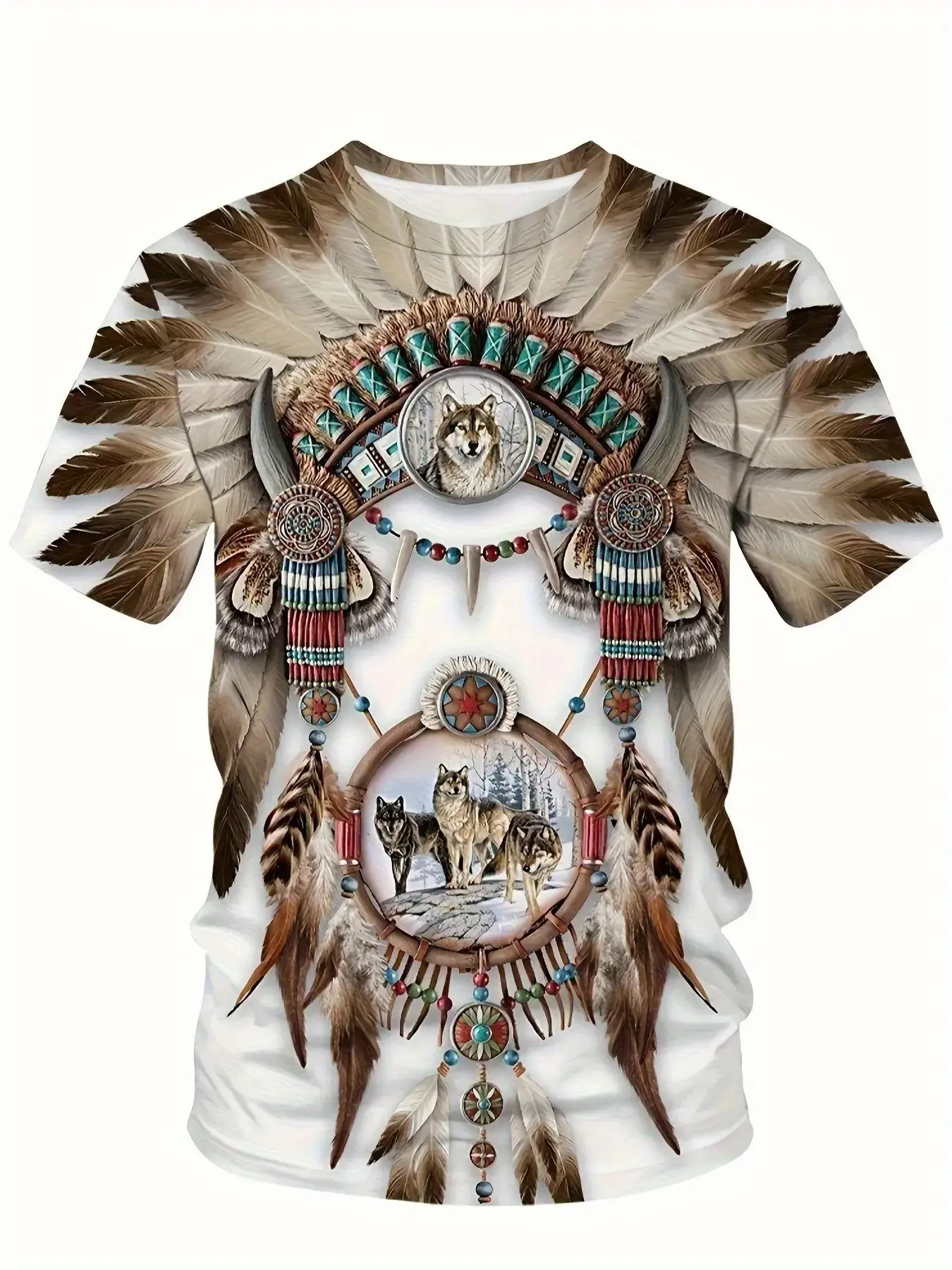 Men's Native American Style 3D Digital Print Fitted T-Shirt, Vibrant Tribal Wolf Feather Design, Breathable Summer Streetwear, Casual Summer Clothing, Casual Round Neck Short Sleeve, Clothes, Menswear