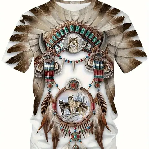 Men's Native American Cultural Style 3D Digital Print T-Shirt, Casual Round Neck Short Sleeve Top, Vibrant Tribal Wolf Feather Design, Breathable Summer Streetwear