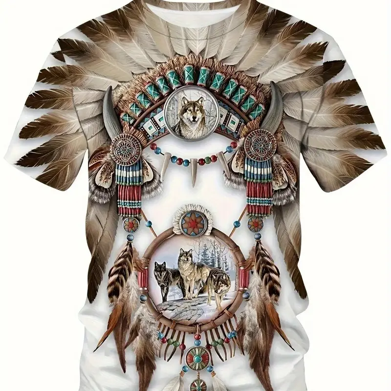 Men's Native American Cultural Style 3D Digital Print T-Shirt, Casual Round Neck Short Sleeve Top, Vibrant Tribal Wolf Feather Design, Breathable Summer Streetwear