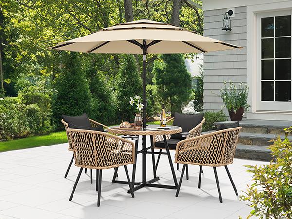 Yitahome 5-Piece Outdoor Dining Set with Umbralle Hole, Rattan Patio Dinging Set for 4 with Cup Holders Soft Cushions and Glass Top Dining Table for Backyard Deck Bacony