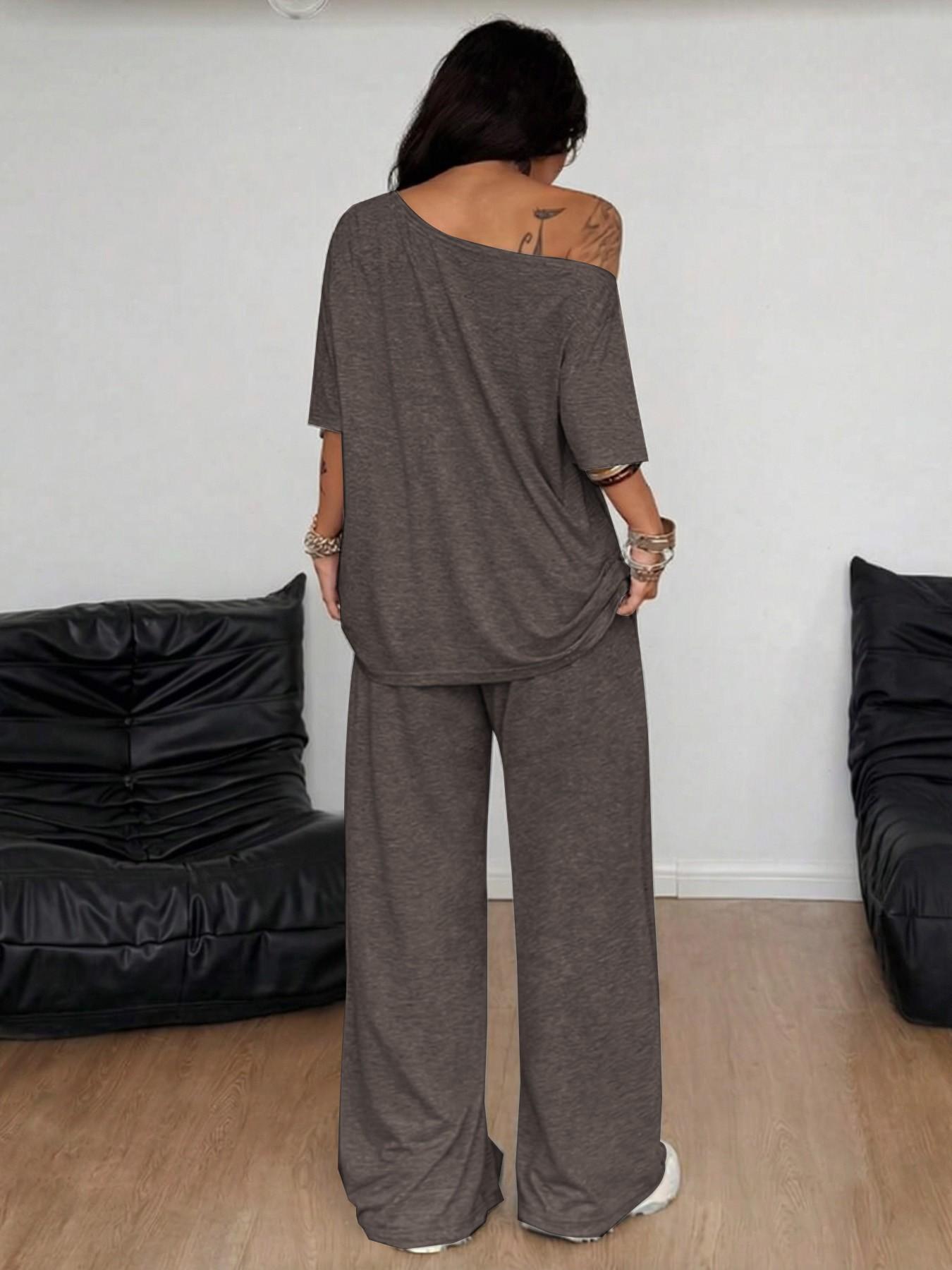 Women's 2-Piece Lounge Set, Off-Shoulder Oversized Top & Wide-Leg Pants, Soft Comfortable Drawstring Loungewear for All Seasons