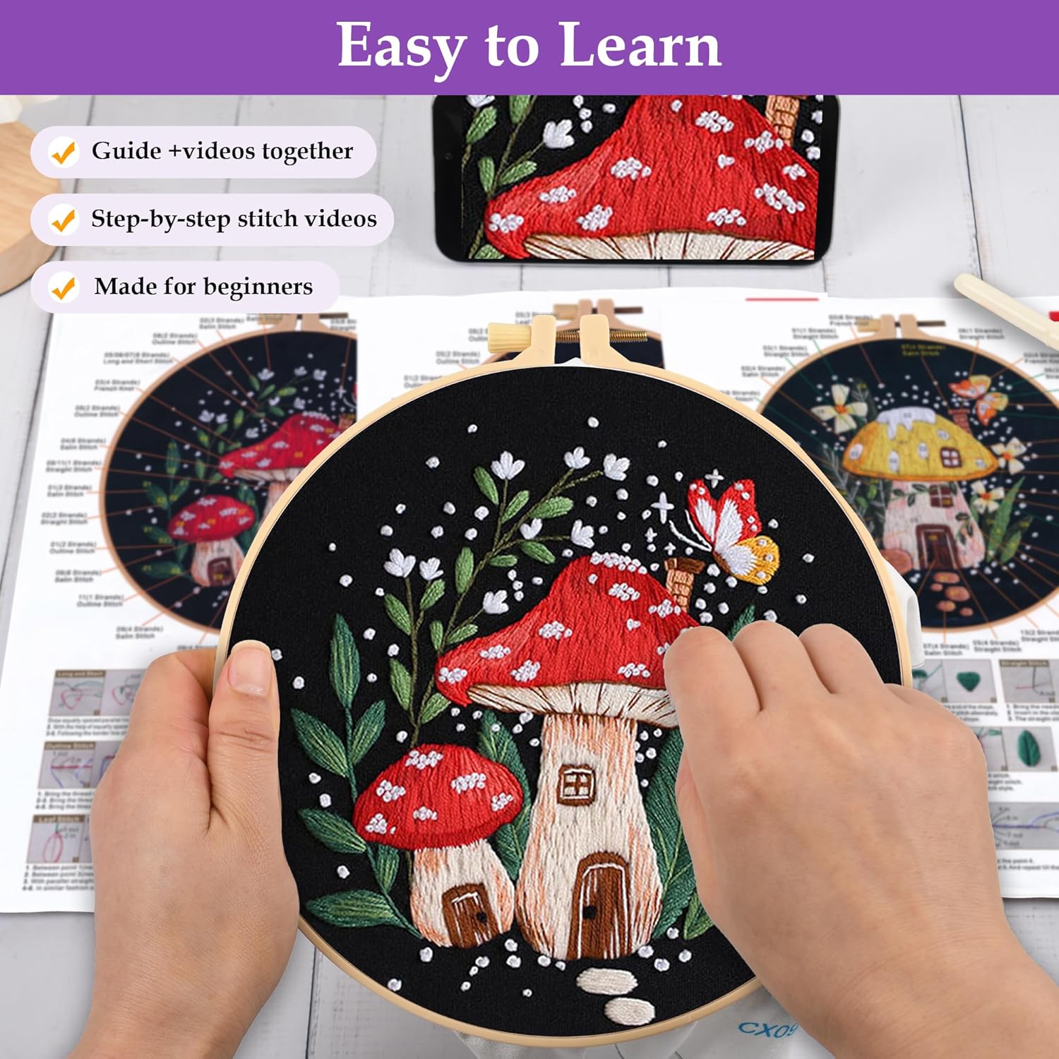 3 Sets Embroidery Kit for Adults Beginners, Needlepoint Kits  Stitch, Hand Embroidery Starter Kit with Mushroom Stamped Patterns, Hoop, Tools, Colorful Threads with , Instructions