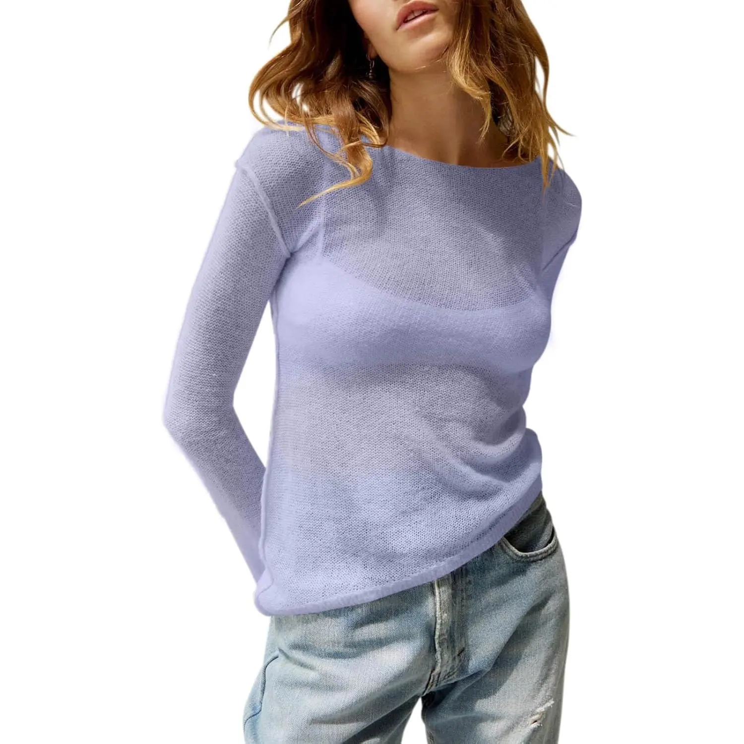 Imily Bela Womens See Through Shirt Boat Neck Long Sleeve Knit Casual Blouse Tops Elegant Chic