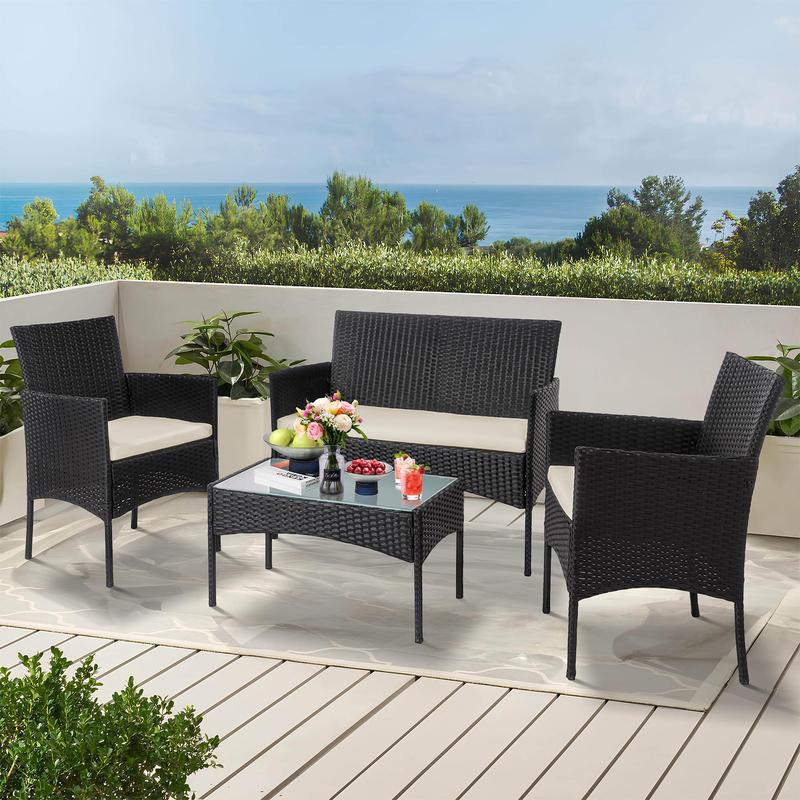 4 Piece Outdoor Wicker Patio Conversation Furniture Set, Rattan Chair Wicker Sofa Garden Conversation Sets with Cushion and Glass Table for Yard Pool or Backyard