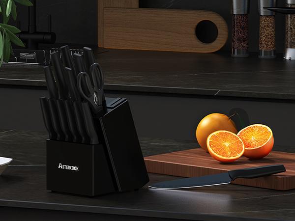 Astercook 15-Piece Knife Set with Built-in Sharpener, Stainless Steel, Dishwasher Safe, PP Handles, Hardwood Finish for Chopping and Dicing - Cutting Kitchen Kitchenware Modern Block Steak German