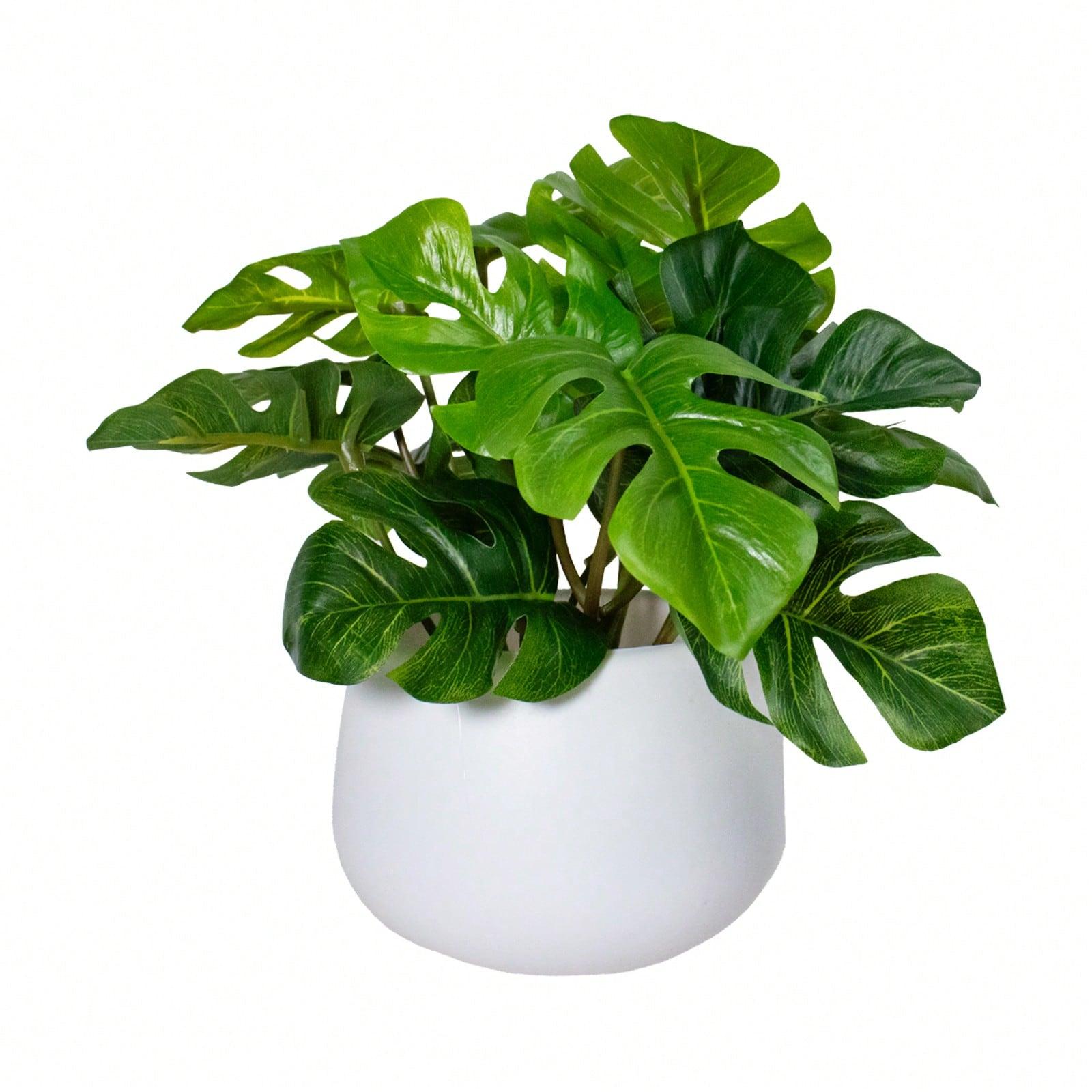 1pc Artificial Monstera Plant in A White Pot, 6-inch Potted Artificial Green Plant, Perfect for Decorating Dining Tables, Home Interiors, and Office Bookshelves. Maintenance-free—no Watering Required.