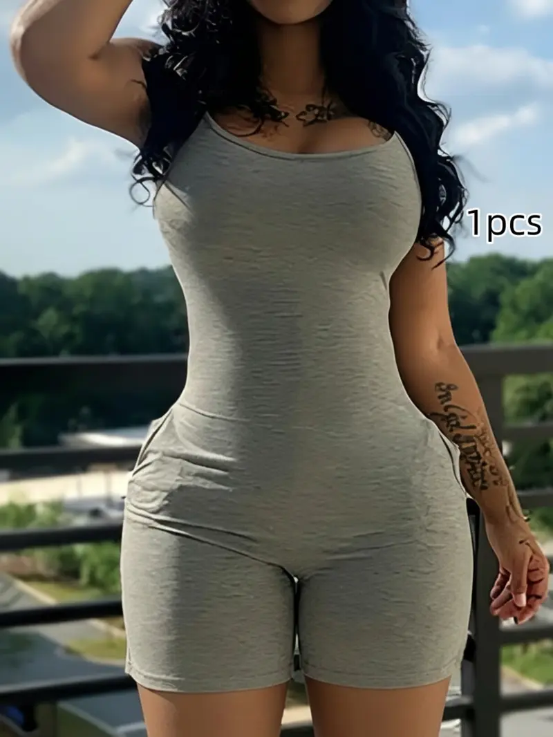 Fashion Casual Women's Bodycon Romper Plain Slim Fit Pocket Sleeveless Adjustable Strap Short Jumpsuit