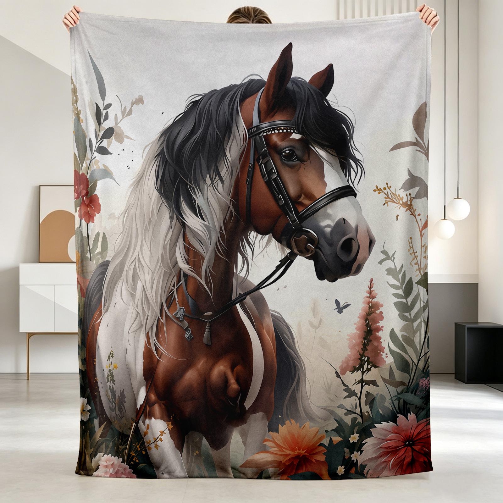 Vintage Horse & Floral Print Flannel Blanket - Soft Warm Anti-Tear All-Season Throw for Camping, Travel, Home Decor - Machine Washable Cozy Gift for Friends & Family, Picnic Blanket