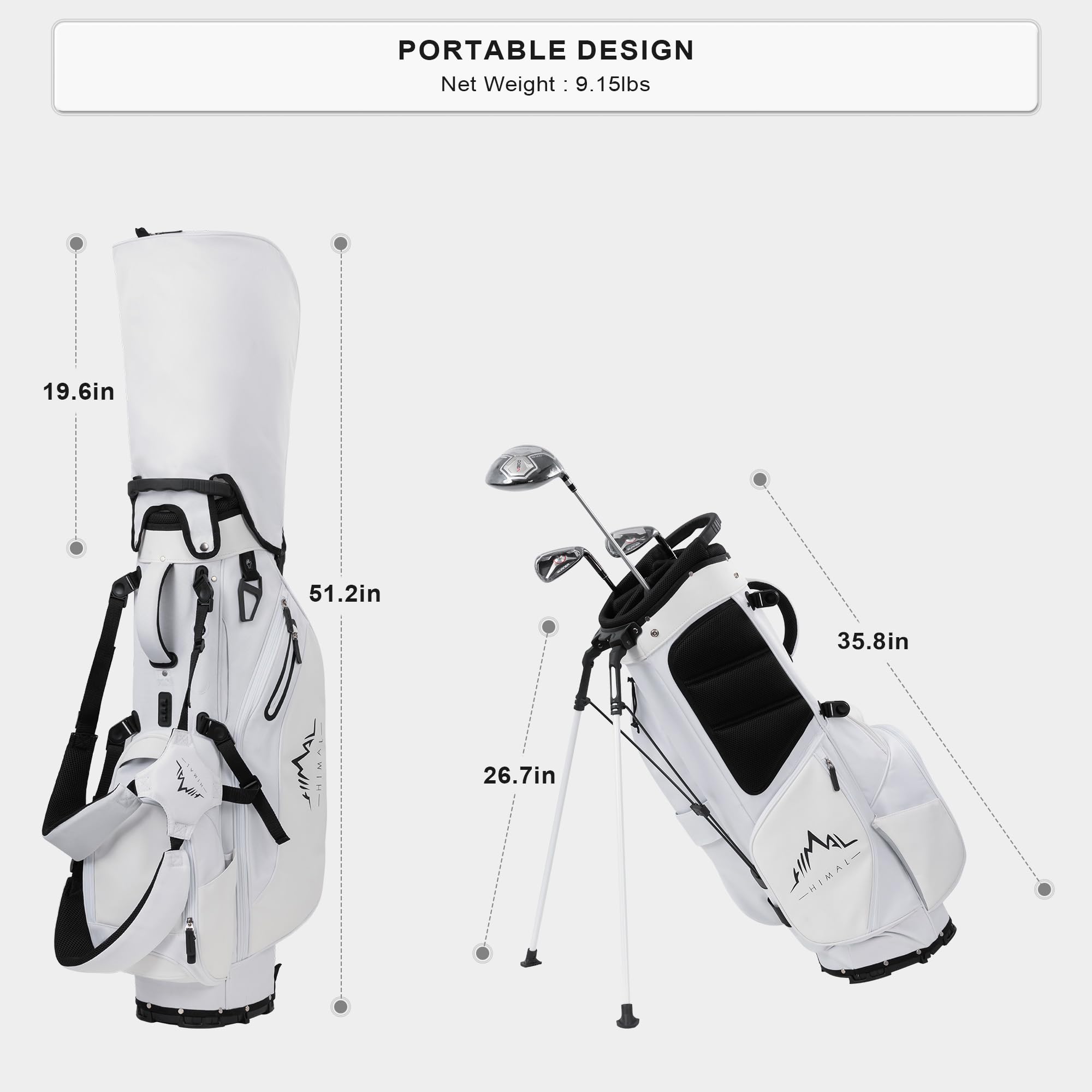 UNIHIMAl Lightweight Golf Stand Bag with 5 Way Full-Length Dividers, Semi-Concealed Stand, Folding Base, Adjustable Dual Straps and 8 Pockets White