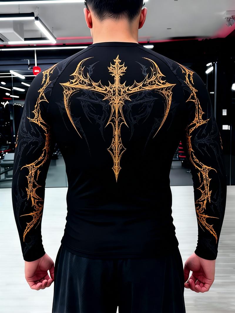 Men's Professional Sports Quick-Dry Fitness Shirt, Gothic Print Long Sleeve, High Elasticity, Round Neck, Moisture-Wicking, Running, Training, Daily Wear Men's Professional Sports Quick-Dry Fitness Shirt, Gothic Print Long Sleeve, High Elasticity, Round Neck, Moisture-Wicking, Running, Training, Daily Wear