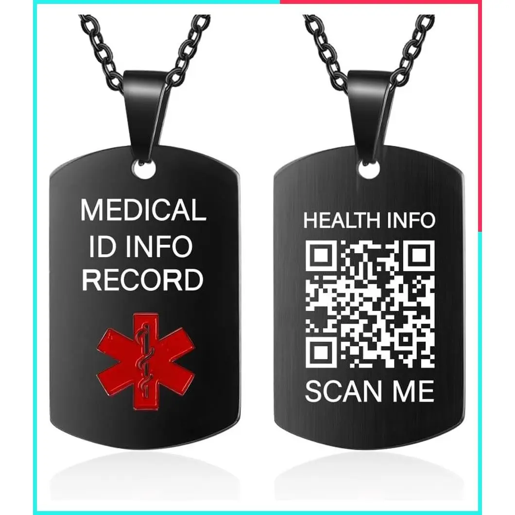Stainless Steel Medical Alert Necklace for Men & Women - Emergency ID with Engraved QR Code - Custom Online Medical Info, Extra Space