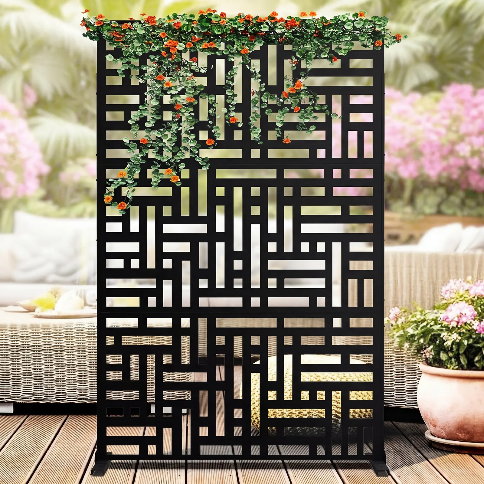 78" Tall x 48" Wide Outdoor Privacy Screen with Stand, Metal Freestanding Patio Divider Panel, Decorative Fence for Garden & Balcony