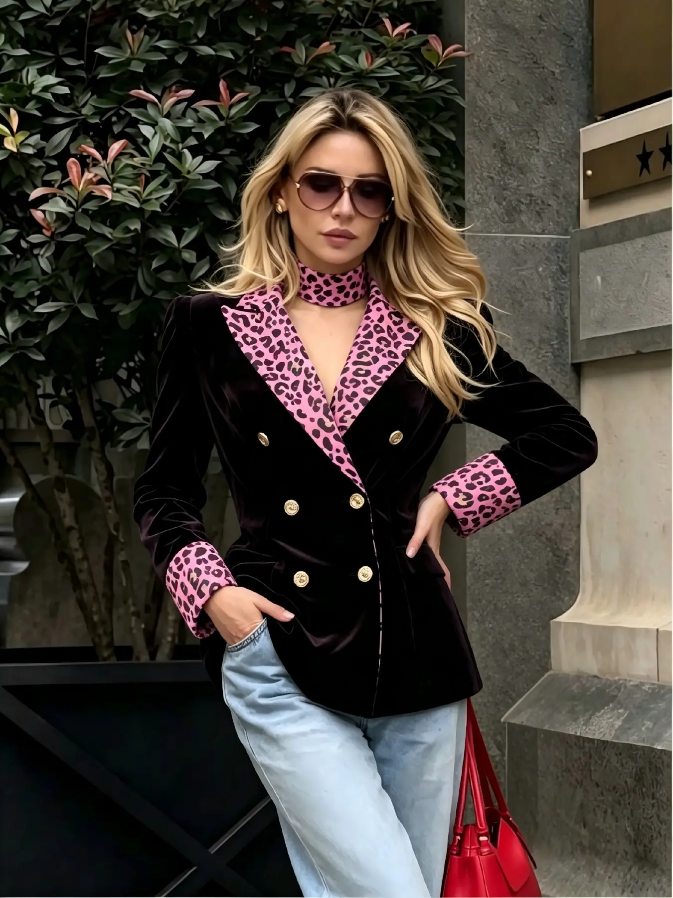 Women's Vintage Velvet Blazer, Leopard Print Contrast Lapel, Dual Row Buttons, Waist Cinch Slim Fit Suit Jacket
