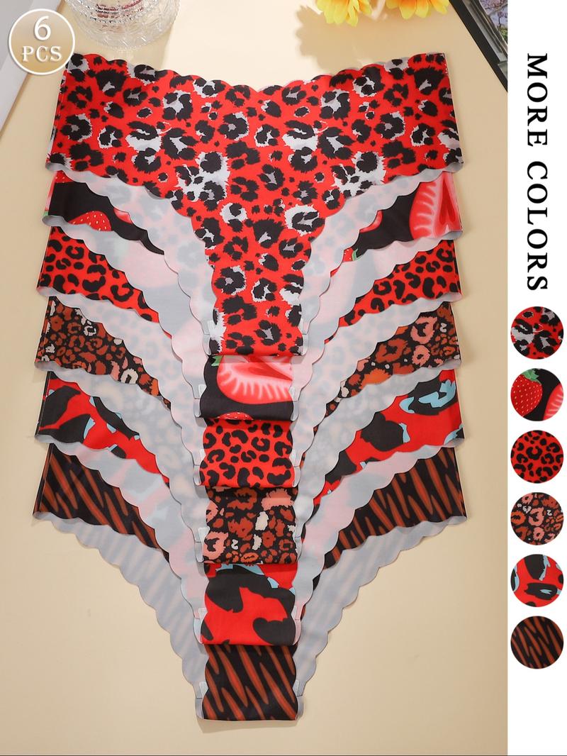 Women's Solid / Leopard Print Scallop Trim Brief, Soft Comfy Breathable Seamless Panty for Daily Wear, Women's Underwear for All Seasons, Solid Print Knicker