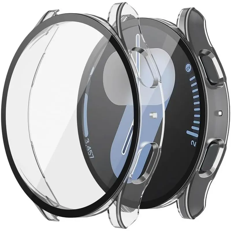 2-Pieces Smart Watch Protective Accessories for 44mm Samsung Galaxy Watch 7, Transparent Tempered Glass Cover with Screen Protector, Scratch-Resistant, Sensitive-Touch Wearable Protection
