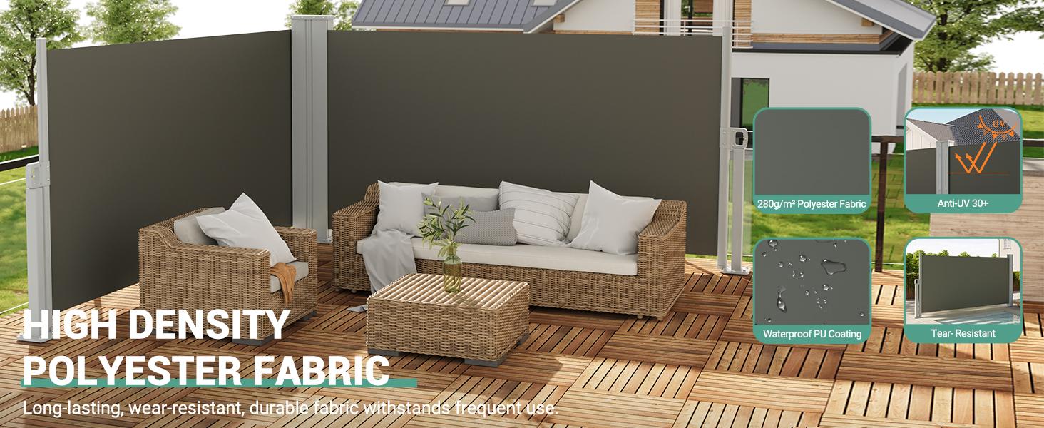 71 in x236 in Double Side Awning, Retractable Side Awning with 280 g Polyester Fabric, Rainproof and UV-Proof Folding Privacy Screen Privacy Fence, for Deck, Patio, Pools, Grey