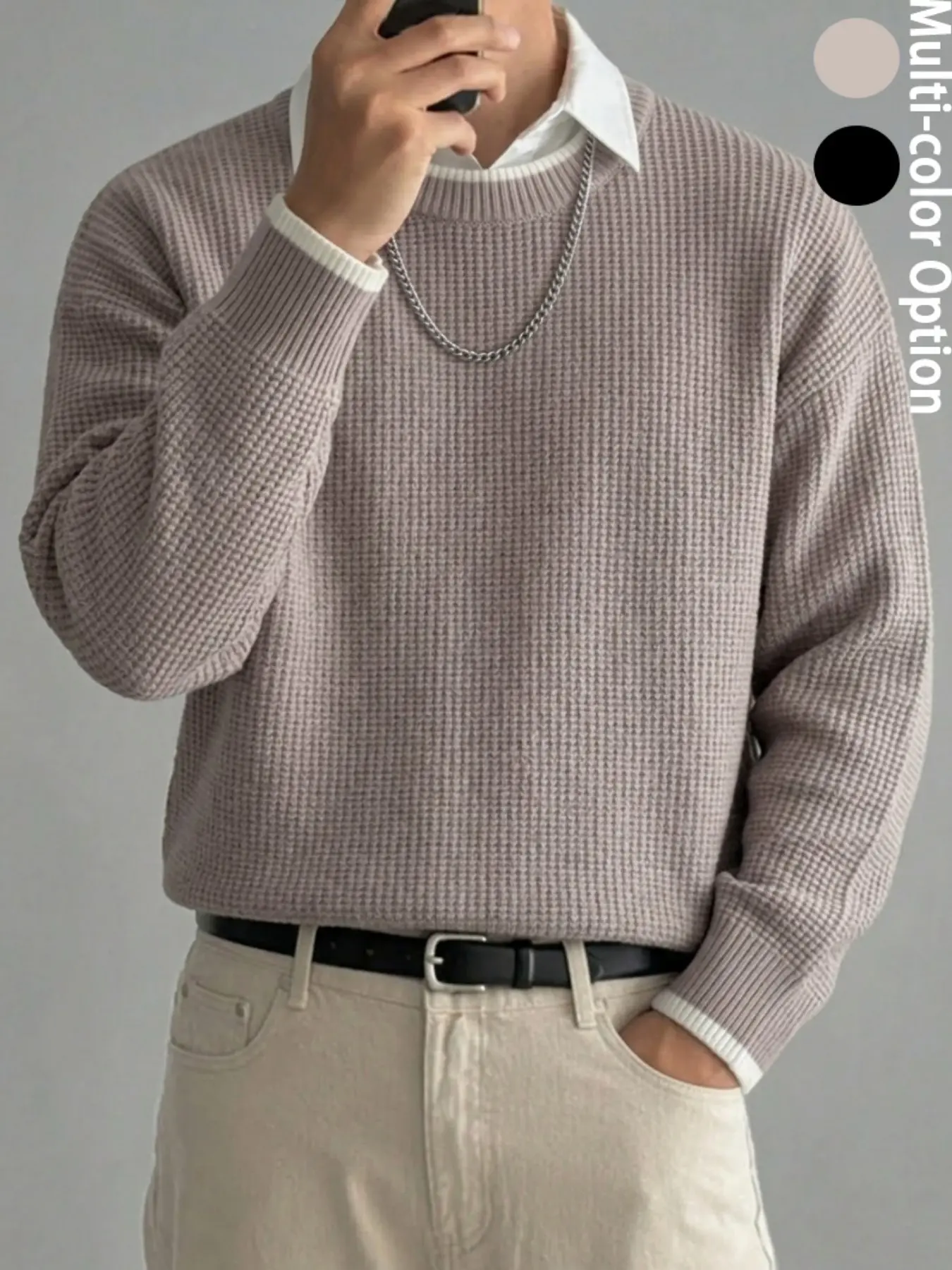 Men's Knit Sweater Crew Neck Pullover Waffle Textured Knitwear Long Sleeve Contrast Trim Solid Black Casual Relaxed Streetwear Vintage Y2K Minimalist Fall Winter Autumn Spring Warm Layering Top Office Campus Date Commute Boys Men Black apricot