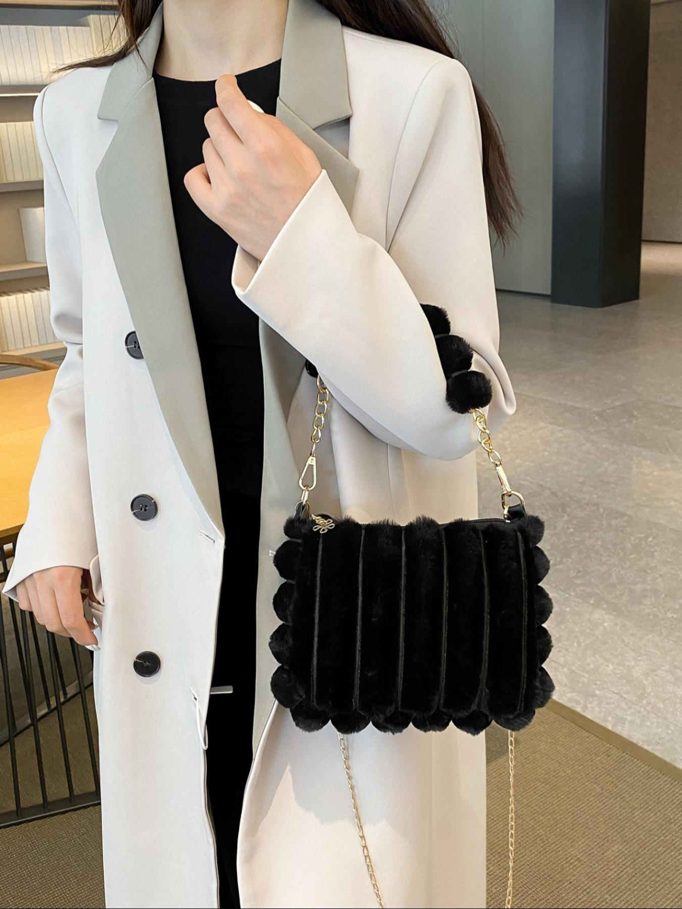 Soft Plush Detail Handbag, Cute Design Crossbody Bag for Girls & Women, Fluffy Handbag, Perfect for Fall Winter Season, Ideal Gift Choice