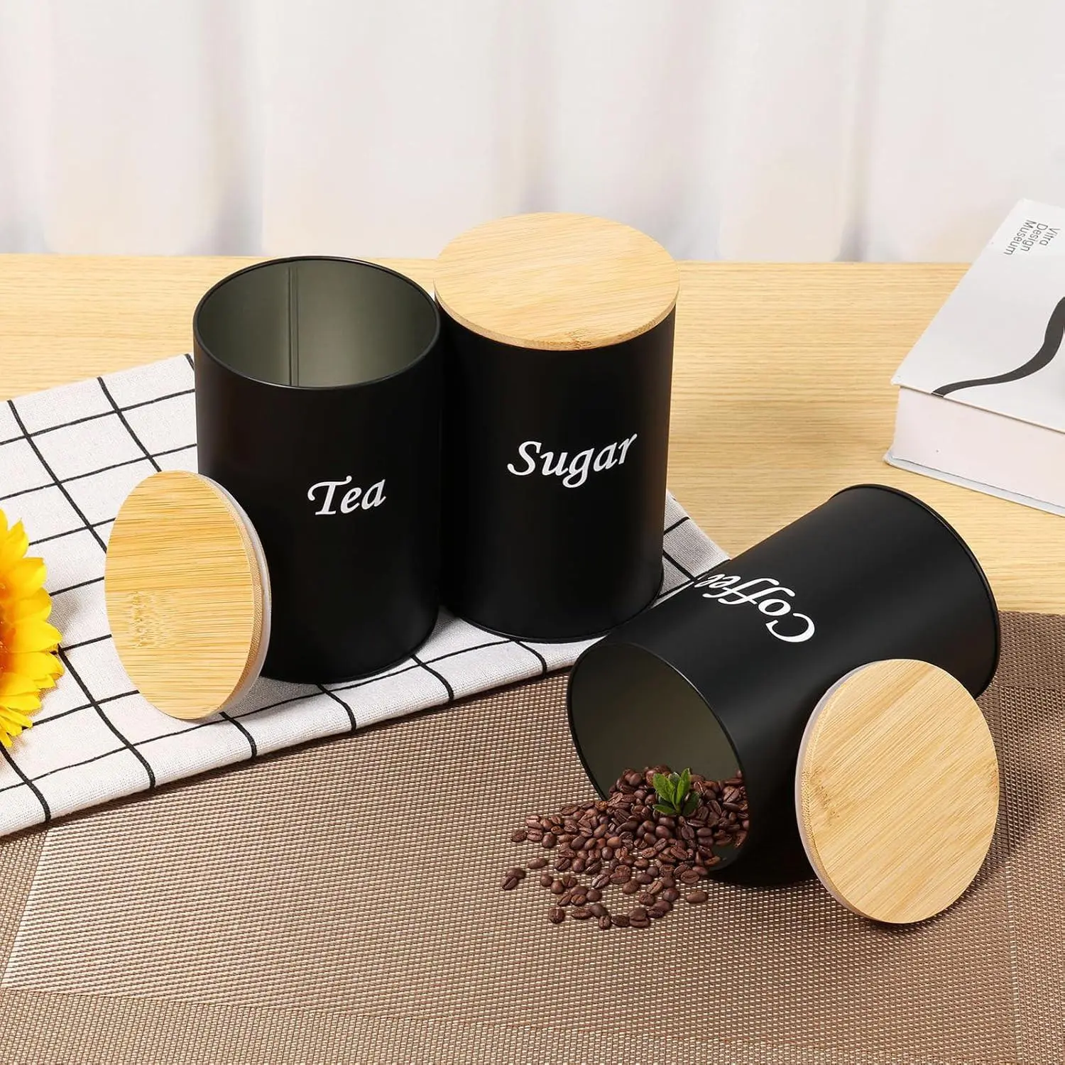 The new 3-piece set with bamboo cover for farmhouse coffee cans, black kitchen can set, suitable for kitchen countertops, home decoration, sugar, coffee and tea