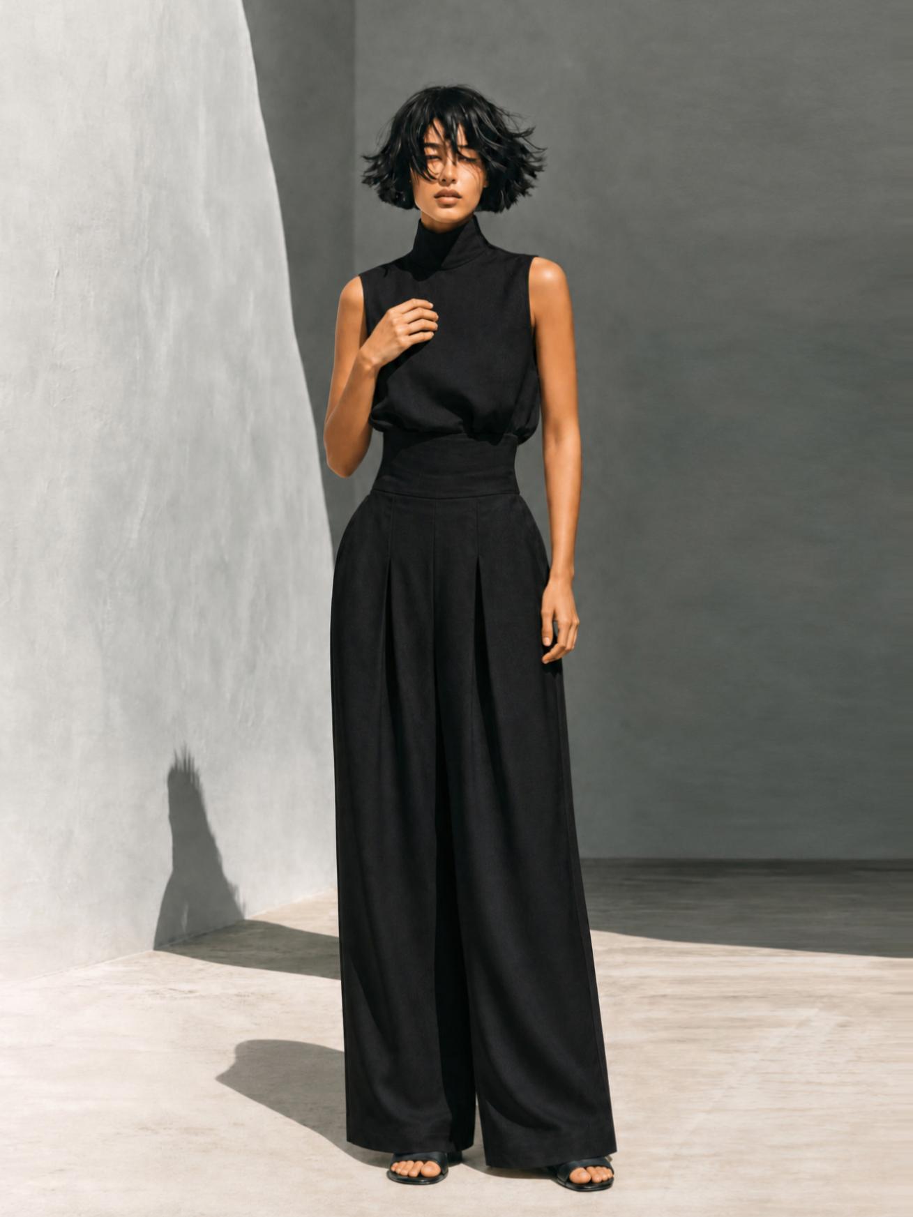 Elegant Lightweight Breathable High-Neck Sleeveless Two-Piece Loungewear Set for Women, High-Waisted Wide-Leg Pants with Pockets, Boho Style Home Sleepwear Suite Pajamas