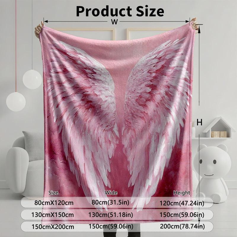 1 piece Pink angel wings with a beautiful artistic conception themed flannel blanket - Oversized fluffy warm sofa blanket, suitable for beds and sofas, modern geometric pattern design, all-season use, digital printing, 100% polyester material