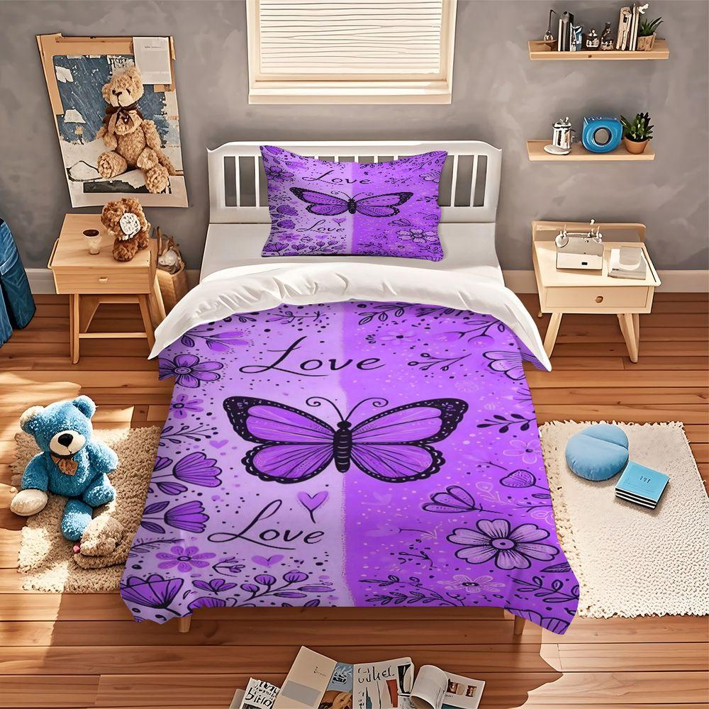 2/3Pcs Whimsical Purple Butterfly Duvet Cover Set, Romantic Floral Design Bedding Set, Soft Microfiber Material, Perfect for Dreamy Bedroom Decor, Love-Themed, Intricate Hand-Drawn Details, Includes 1 or 2 Pillowcase - No filling/Zipper Closure