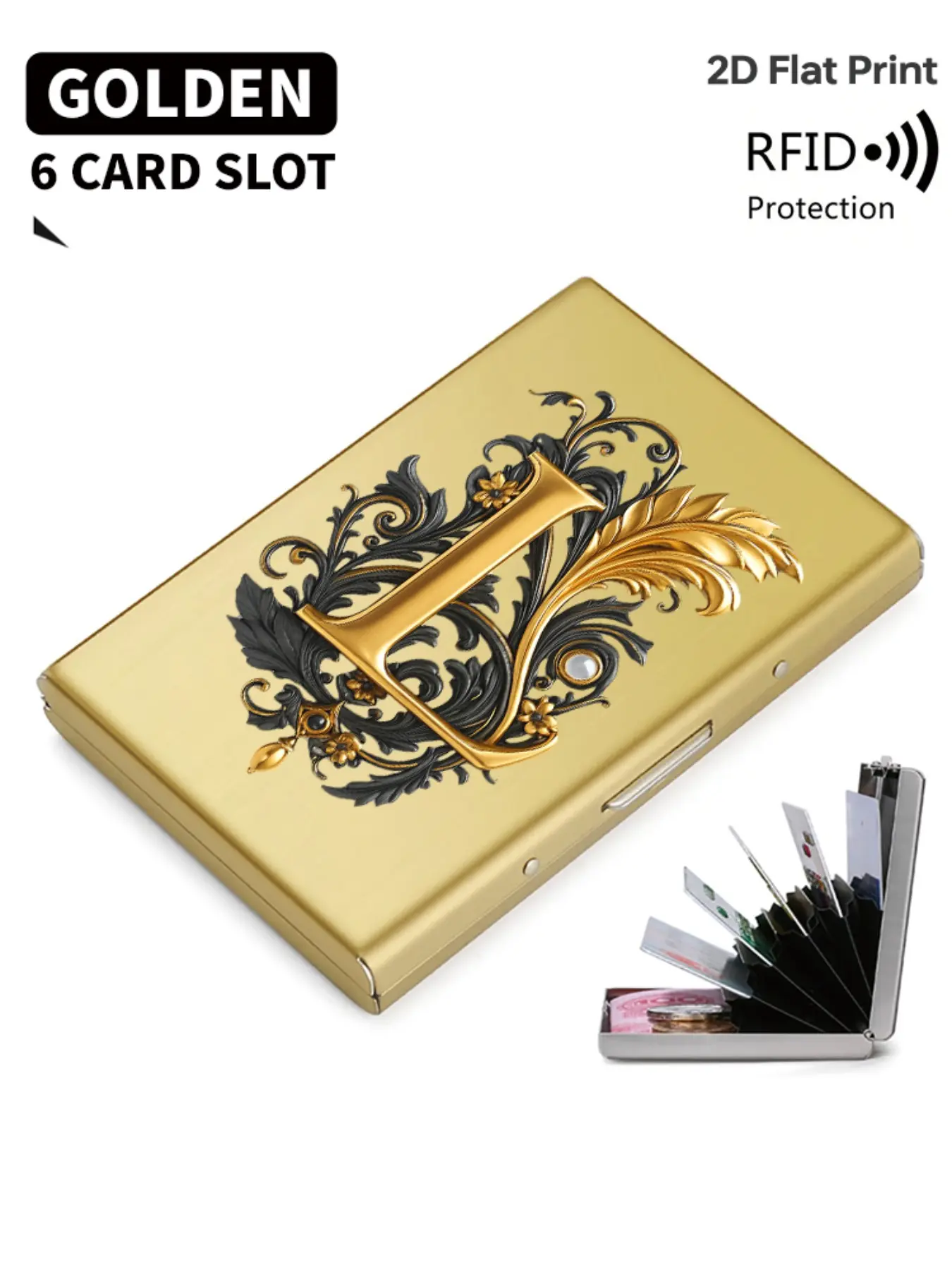 Luxury Gold Baroque Letter L Print Rfid Metal Card Holder, Card Slot, Multi-Layer Stainless Steel, Ultra-Thin Magnetic Closure, Perfect Gift